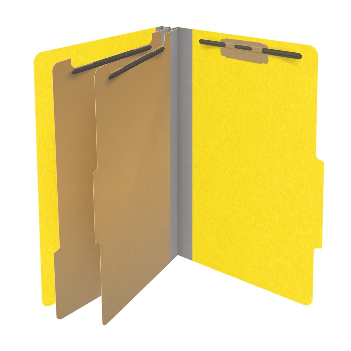 Yellow legal size top tab classification folder with 2" gray tyvek expansion, with 2" bonded fasteners on inside front and inside back and 1" duo fastener on dividers. 18 pt. paper stock and 17 pt brown kraft dividers. Packaged 10/50.