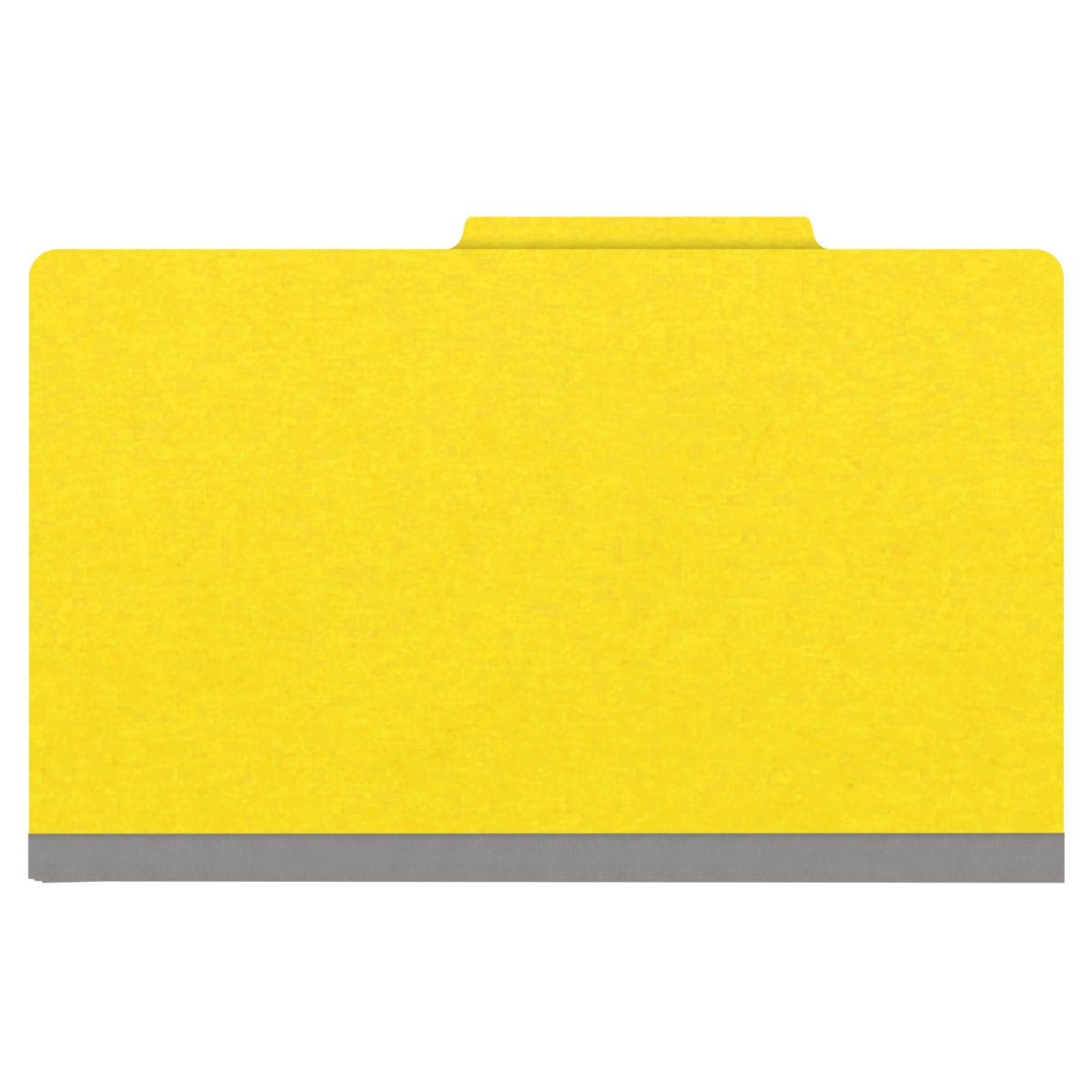 Yellow legal size top tab classification folder with 2" gray tyvek expansion, with 2" bonded fasteners on inside front and inside back and 1" duo fastener on dividers. 18 pt. paper stock and 17 pt brown kraft dividers. Packaged 10/50.
