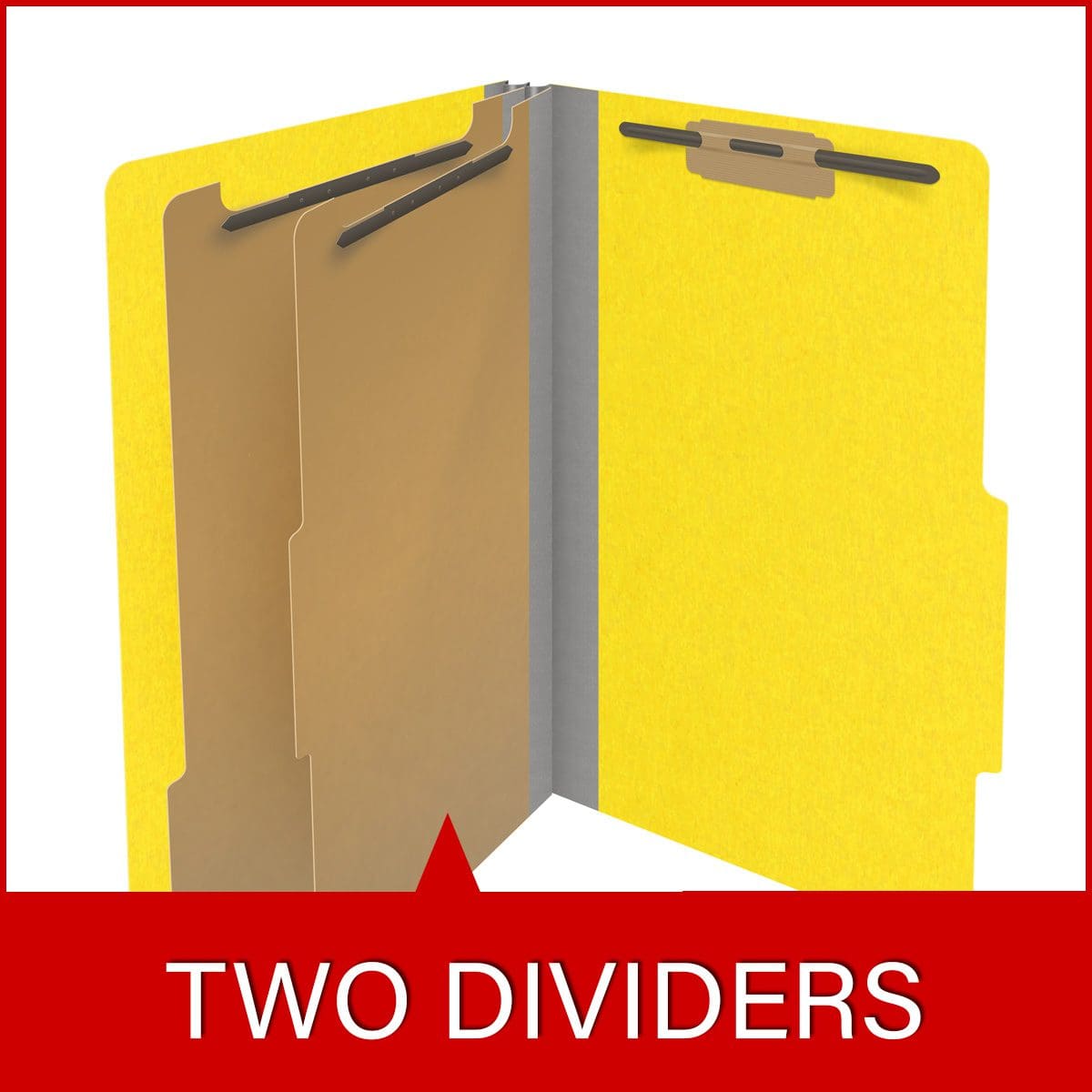 Yellow legal size top tab classification folder with 2" gray tyvek expansion, with 2" bonded fasteners on inside front and inside back and 1" duo fastener on dividers. 18 pt. paper stock and 17 pt brown kraft dividers. Packaged 10/50.