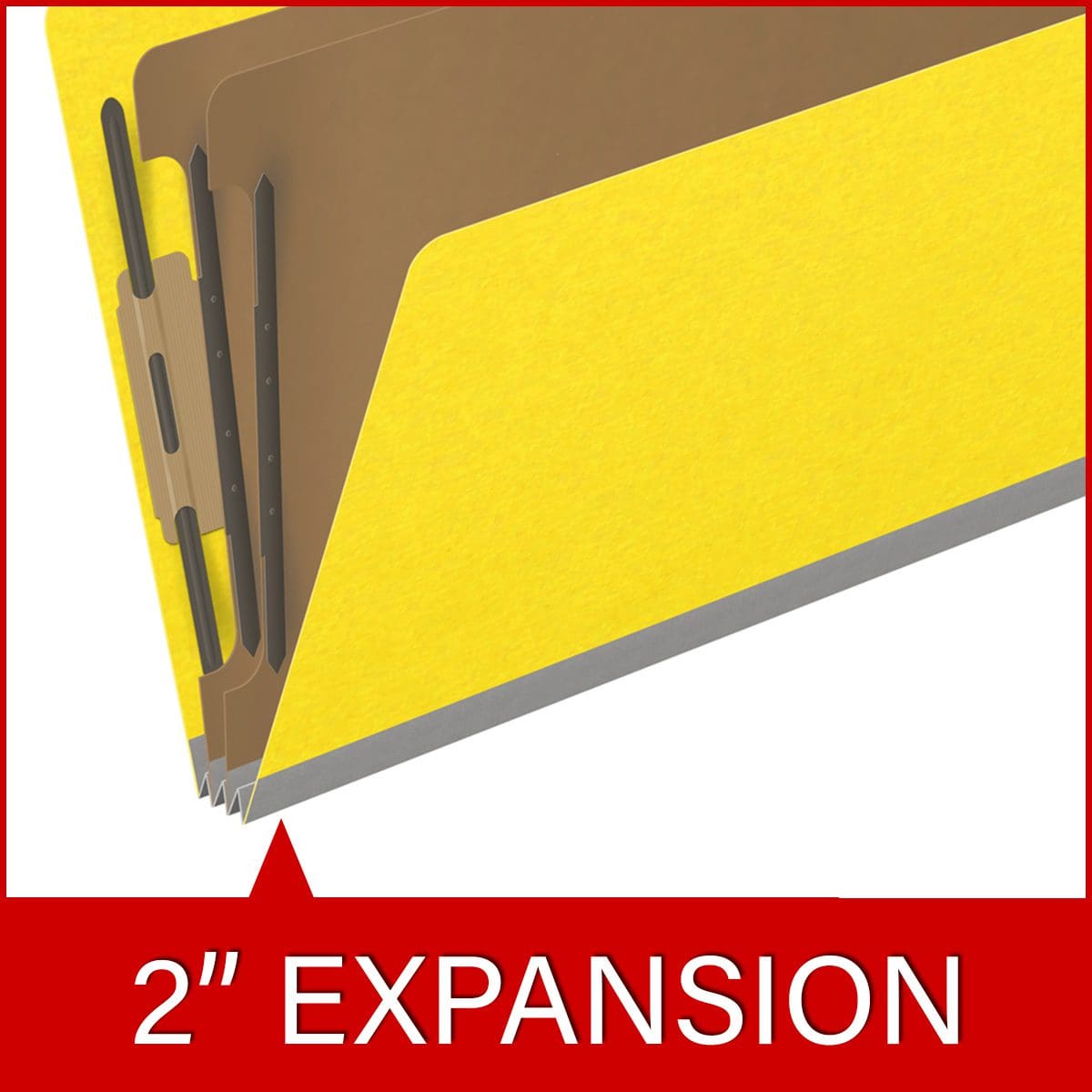 Yellow legal size top tab classification folder with 2" gray tyvek expansion, with 2" bonded fasteners on inside front and inside back and 1" duo fastener on dividers. 18 pt. paper stock and 17 pt brown kraft dividers. Packaged 10/50.