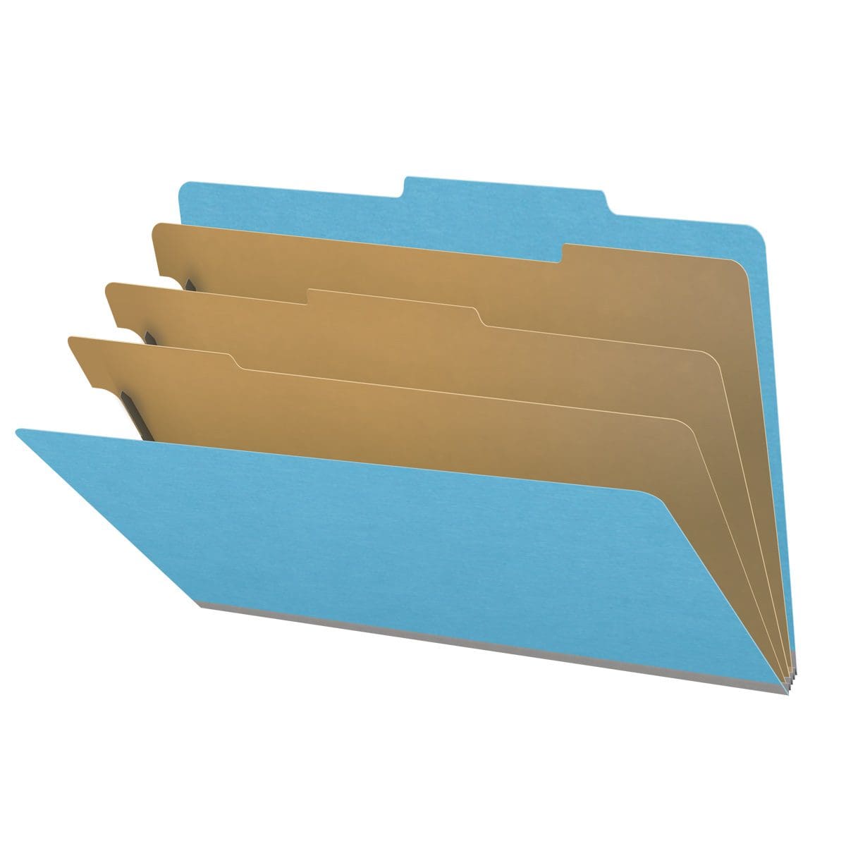 Blue legal size top tab classification folder with 3" gray tyvek expansion, with 2" bonded fasteners on inside front and inside back and 1" duo fastener on dividers. 18 pt. paper stock and 17 pt brown kraft dividers. Packaged 10/50.