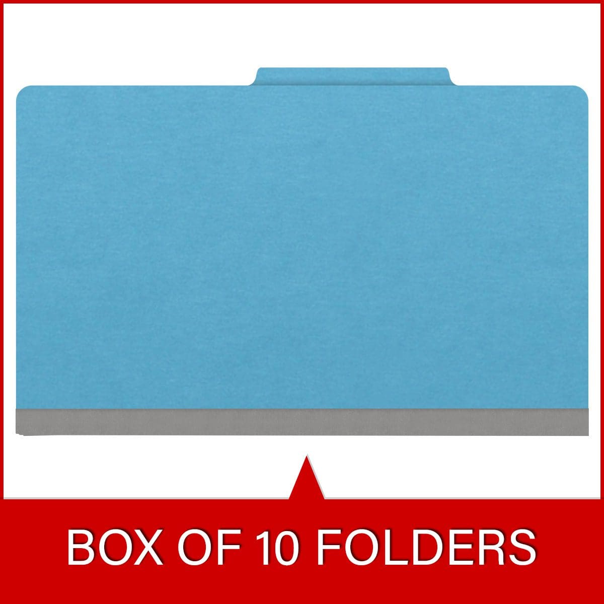 Blue legal size top tab classification folder with 3" gray tyvek expansion, with 2" bonded fasteners on inside front and inside back and 1" duo fastener on dividers. 18 pt. paper stock and 17 pt brown kraft dividers. Packaged 10/50.