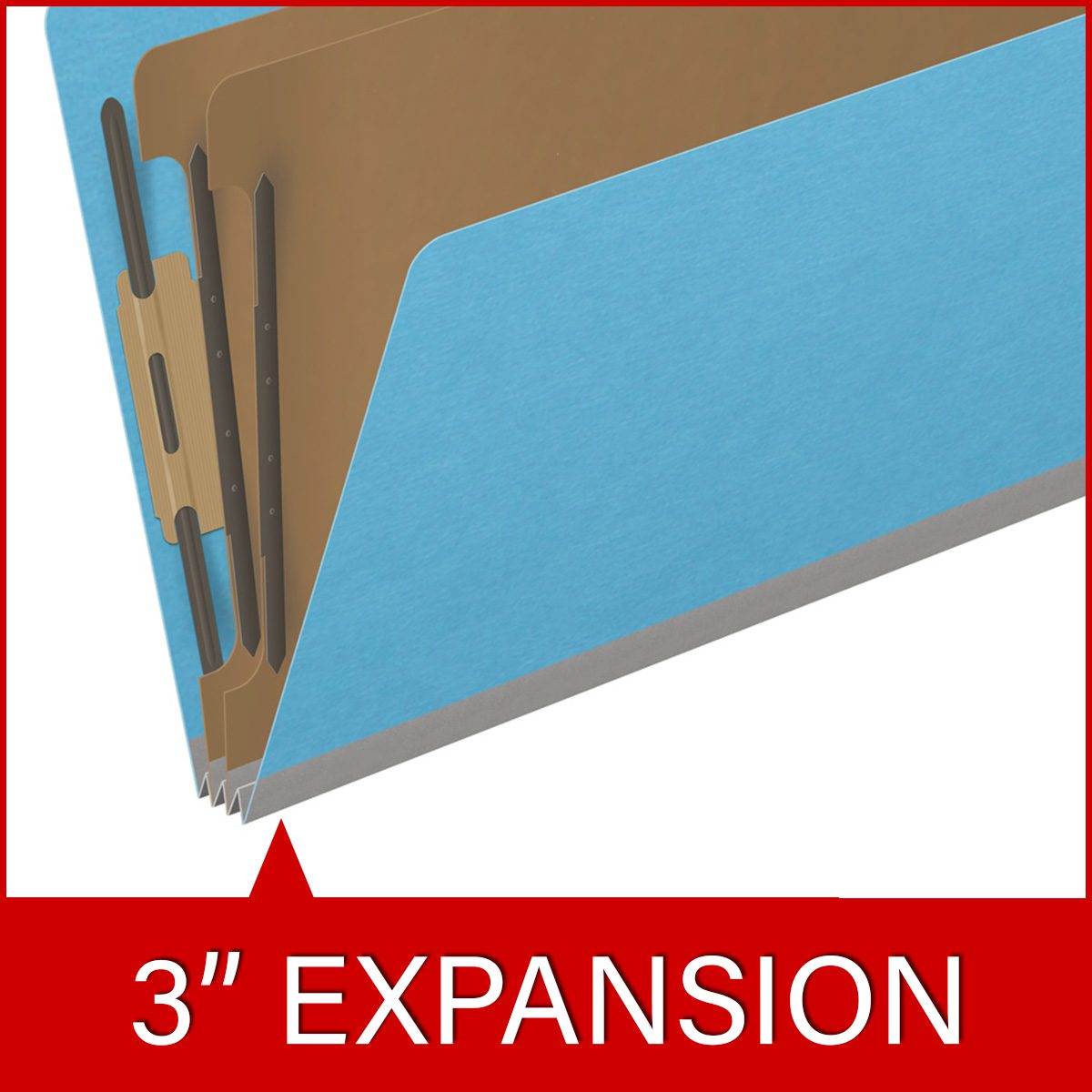 Blue legal size top tab classification folder with 3" gray tyvek expansion, with 2" bonded fasteners on inside front and inside back and 1" duo fastener on dividers. 18 pt. paper stock and 17 pt brown kraft dividers. Packaged 10/50.