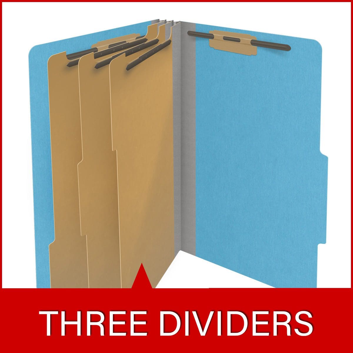 Blue legal size top tab classification folder with 3" gray tyvek expansion, with 2" bonded fasteners on inside front and inside back and 1" duo fastener on dividers. 18 pt. paper stock and 17 pt brown kraft dividers. Packaged 10/50.