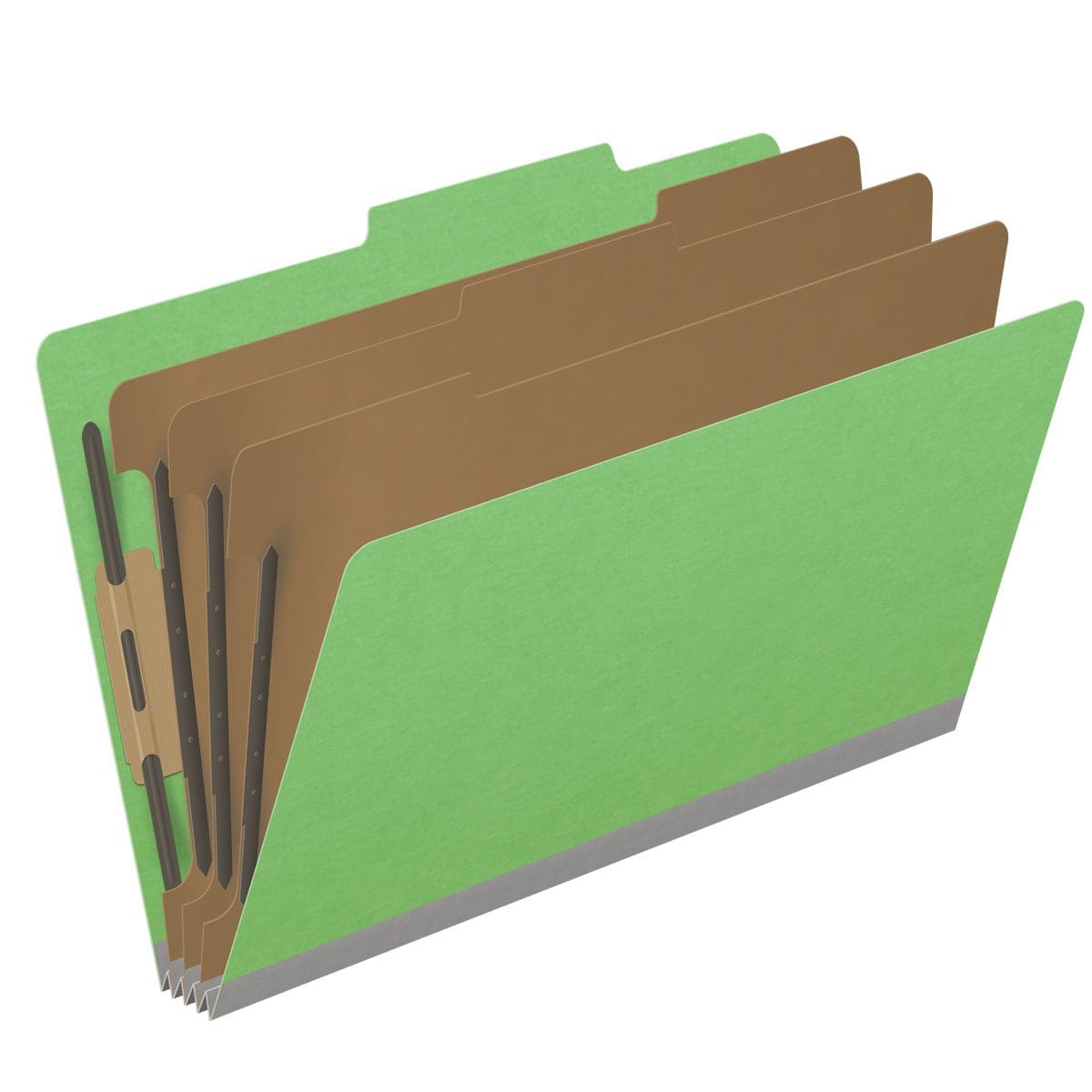Green legal size top tab classification folder with 3" gray tyvek expansion, with 2" bonded fasteners on inside front and inside back and 1" duo fastener on dividers. 18 pt. paper stock and 17 pt brown kraft dividers. Packaged 10/50.