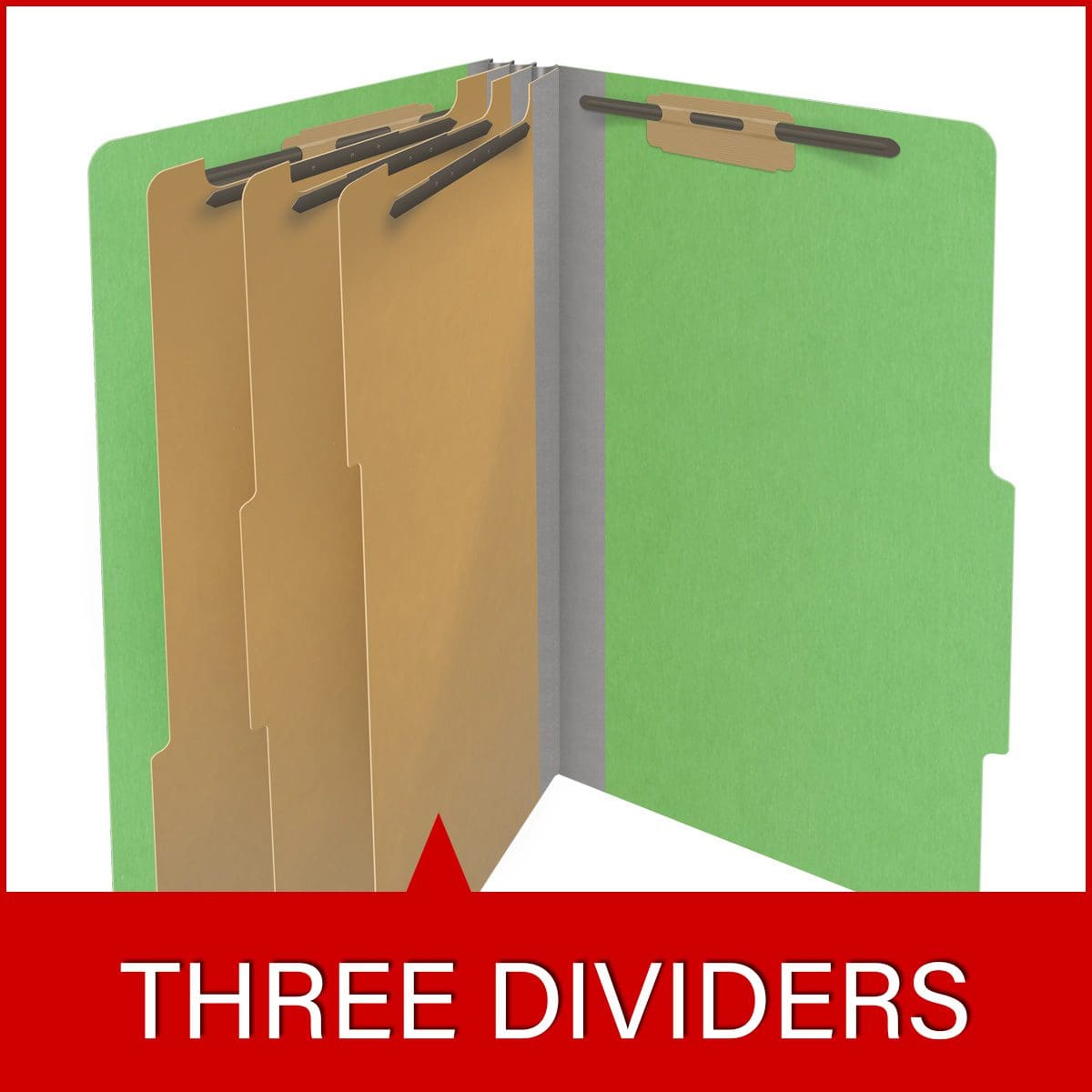 Green legal size top tab classification folder with 3" gray tyvek expansion, with 2" bonded fasteners on inside front and inside back and 1" duo fastener on dividers. 18 pt. paper stock and 17 pt brown kraft dividers. Packaged 10/50.