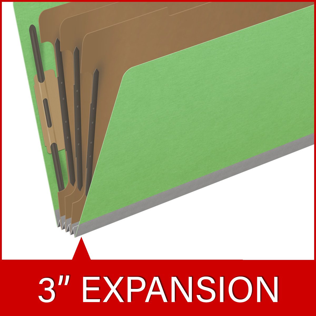 Green legal size top tab classification folder with 3" gray tyvek expansion, with 2" bonded fasteners on inside front and inside back and 1" duo fastener on dividers. 18 pt. paper stock and 17 pt brown kraft dividers. Packaged 10/50.