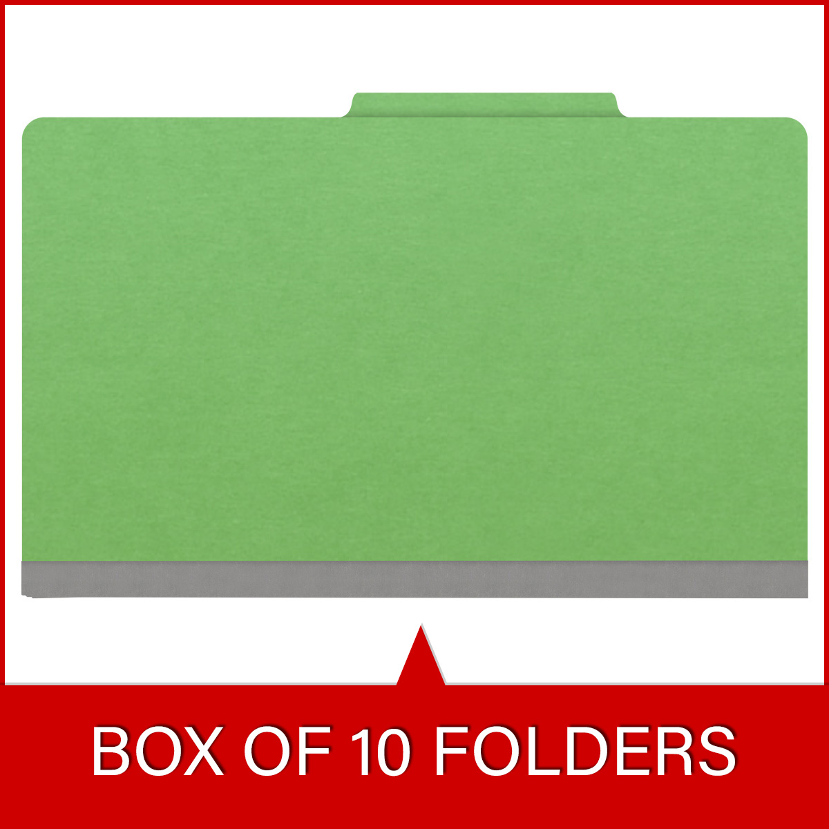Green legal size top tab classification folder with 3" gray tyvek expansion, with 2" bonded fasteners on inside front and inside back and 1" duo fastener on dividers. 18 pt. paper stock and 17 pt brown kraft dividers. Packaged 10/50.