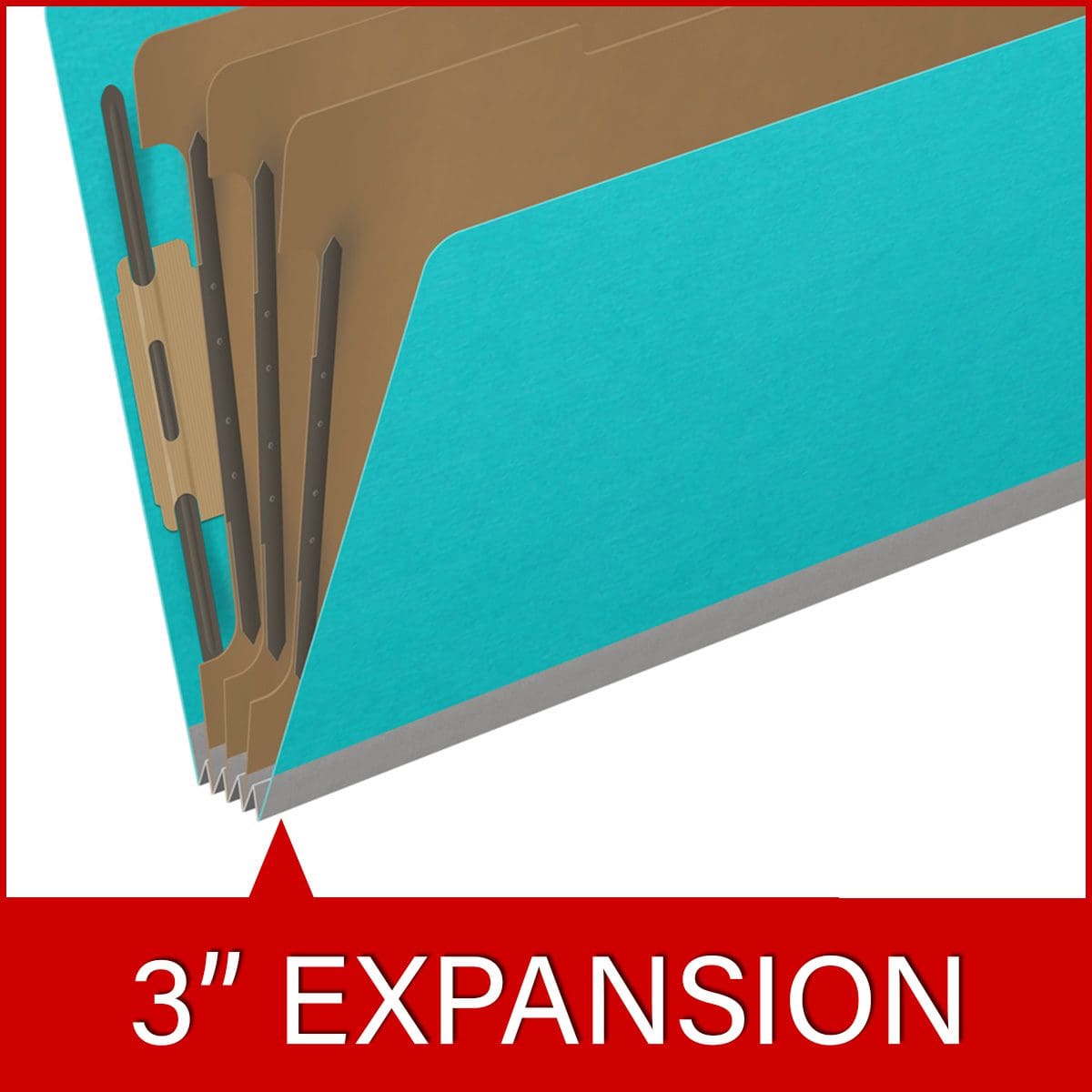 Light blue legal size top tab classification folder with 3" gray tyvek expansion, with 2" bonded fasteners on inside front and inside back and 1" duo fastener on dividers. 18 pt. paper stock and 17 pt brown kraft dividers. Packaged 10/50.