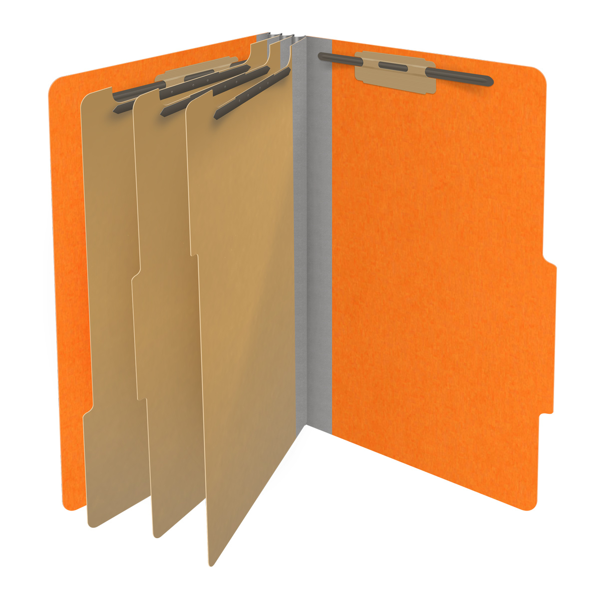 Orange legal size top tab classification folder with 3" gray tyvek expansion, with 2" bonded fasteners on inside front and inside back and 1" duo fastener on dividers. 18 pt. paper stock and 17 pt brown kraft dividers. Packaged 10/50.