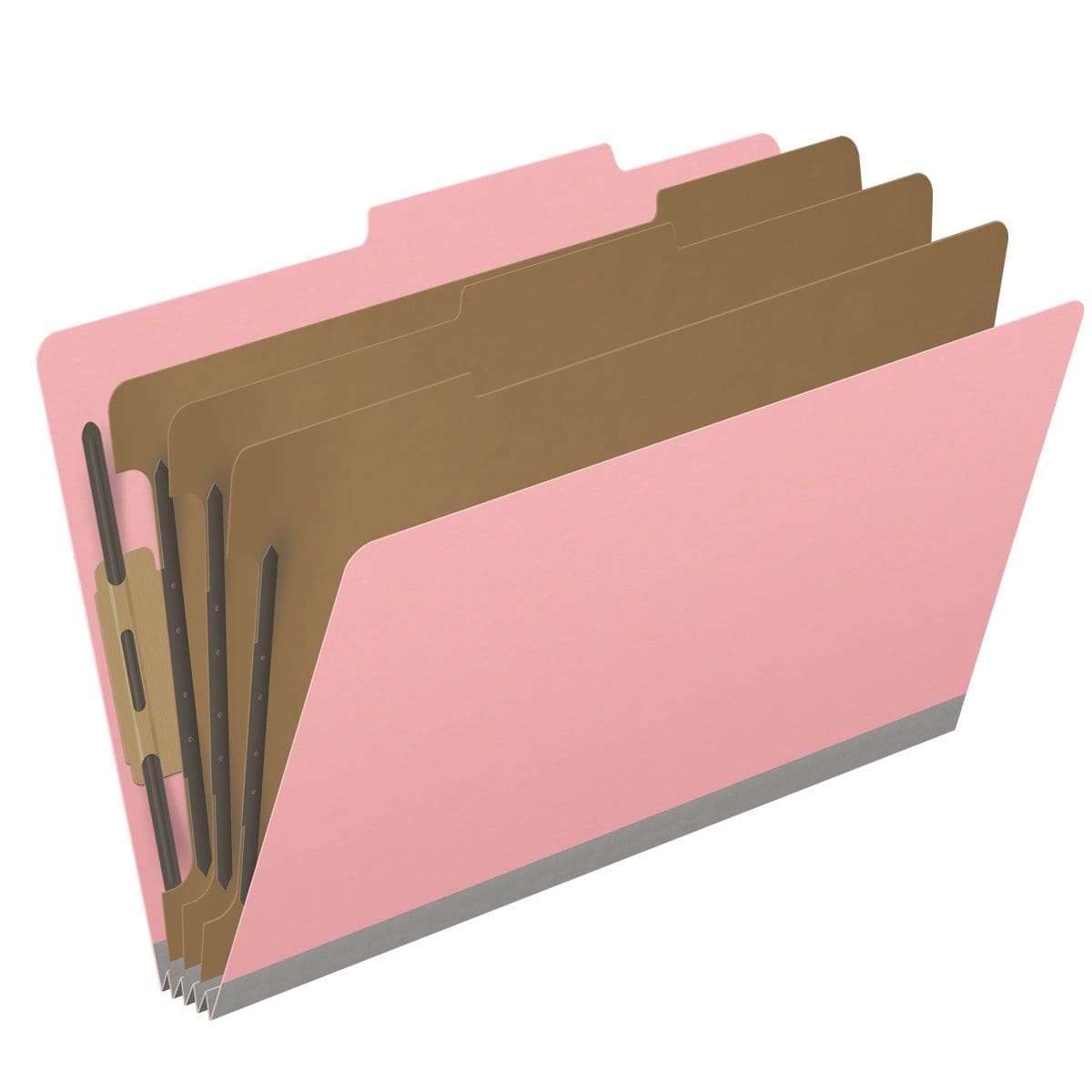 Pink legal size top tab classification folder with 3" gray tyvek expansion, with 2" bonded fasteners on inside front and inside back and 1" duo fastener on dividers. 18 pt. paper stock and 17 pt brown kraft dividers. Packaged 10/50.