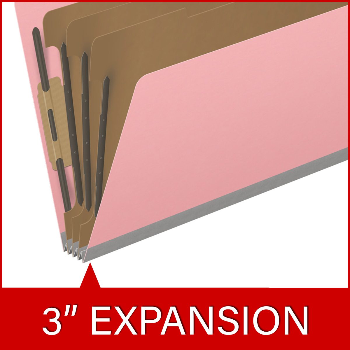 Pink legal size top tab classification folder with 3" gray tyvek expansion, with 2" bonded fasteners on inside front and inside back and 1" duo fastener on dividers. 18 pt. paper stock and 17 pt brown kraft dividers. Packaged 10/50.