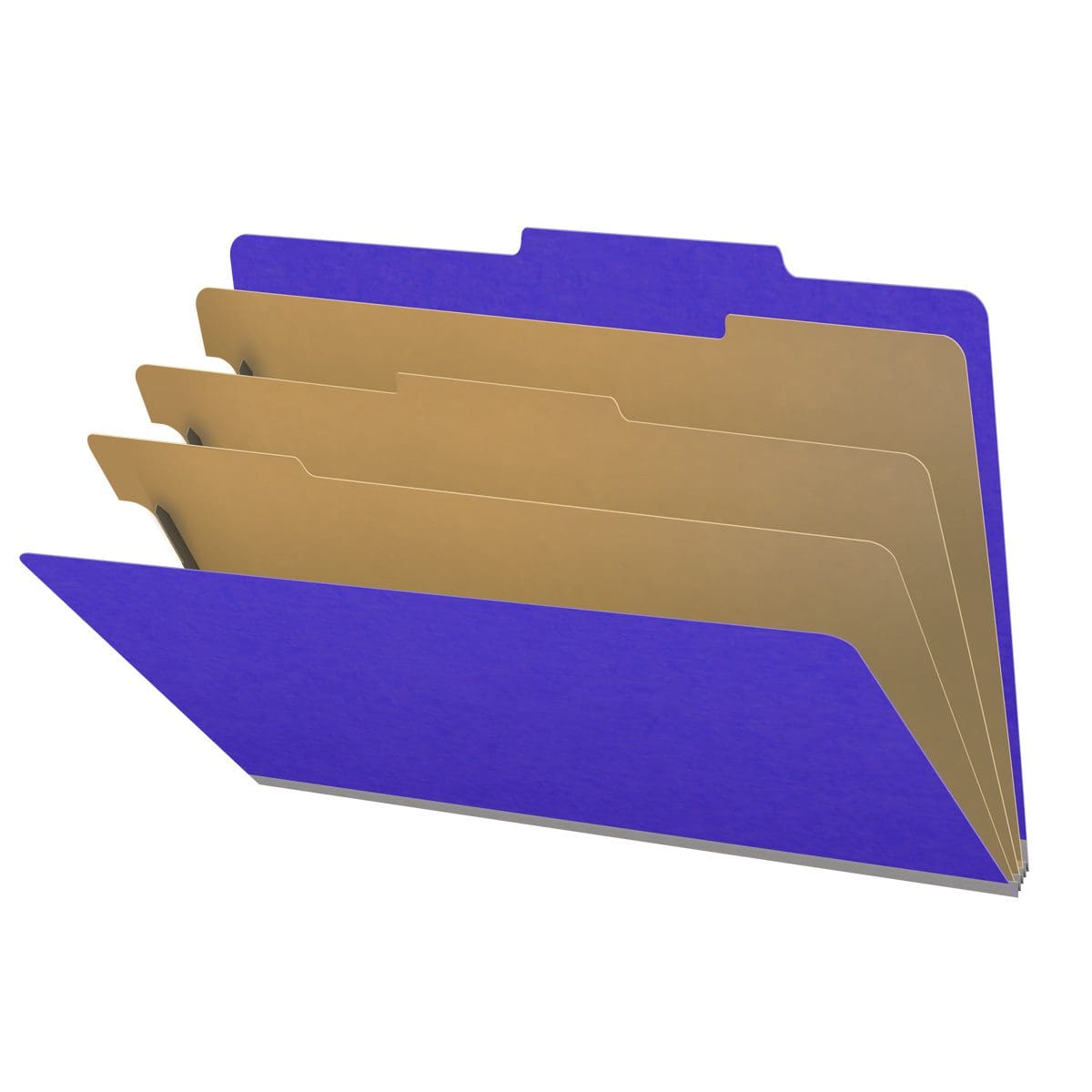 Purple legal size top tab classification folder with 3" gray tyvek expansion, with 2" bonded fasteners on inside front and inside back and 1" duo fastener on dividers. 18 pt. paper stock and 17 pt brown kraft dividers. Packaged 10/50.