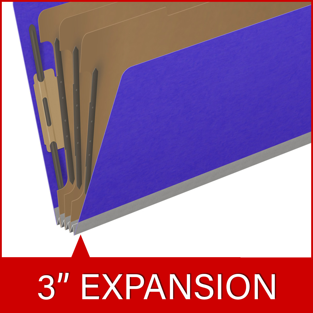 Purple legal size top tab classification folder with 3" gray tyvek expansion, with 2" bonded fasteners on inside front and inside back and 1" duo fastener on dividers. 18 pt. paper stock and 17 pt brown kraft dividers. Packaged 10/50.