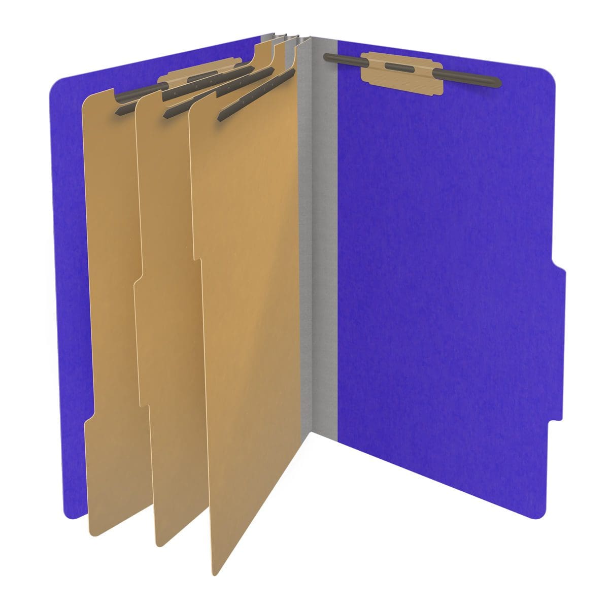 Purple legal size top tab classification folder with 3" gray tyvek expansion, with 2" bonded fasteners on inside front and inside back and 1" duo fastener on dividers. 18 pt. paper stock and 17 pt brown kraft dividers. Packaged 10/50.