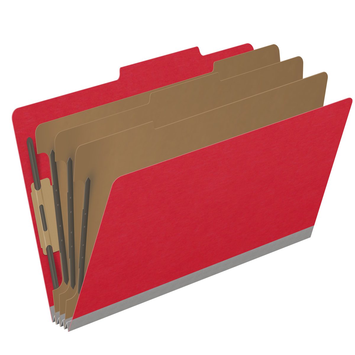 Red legal size top tab classification folder with 3" gray tyvek expansion, with 2" bonded fasteners on inside front and inside back and 1" duo fastener on dividers. 18 pt. paper stock and 17 pt brown kraft dividers. Packaged 10/50.