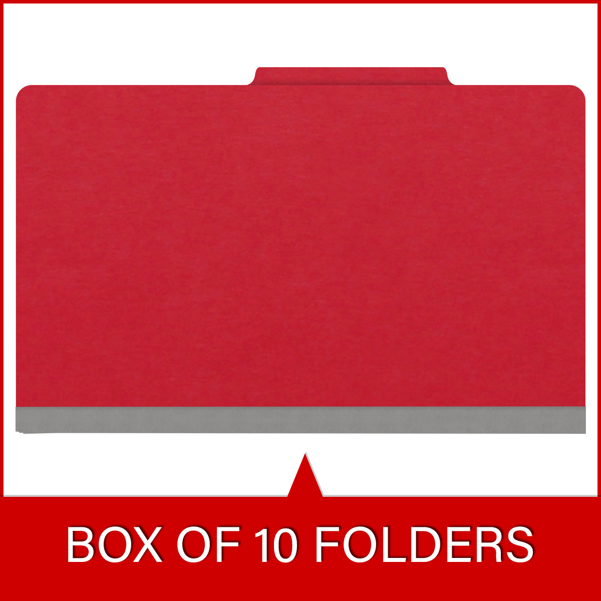 Red legal size top tab classification folder with 3" gray tyvek expansion, with 2" bonded fasteners on inside front and inside back and 1" duo fastener on dividers. 18 pt. paper stock and 17 pt brown kraft dividers. Packaged 10/50.