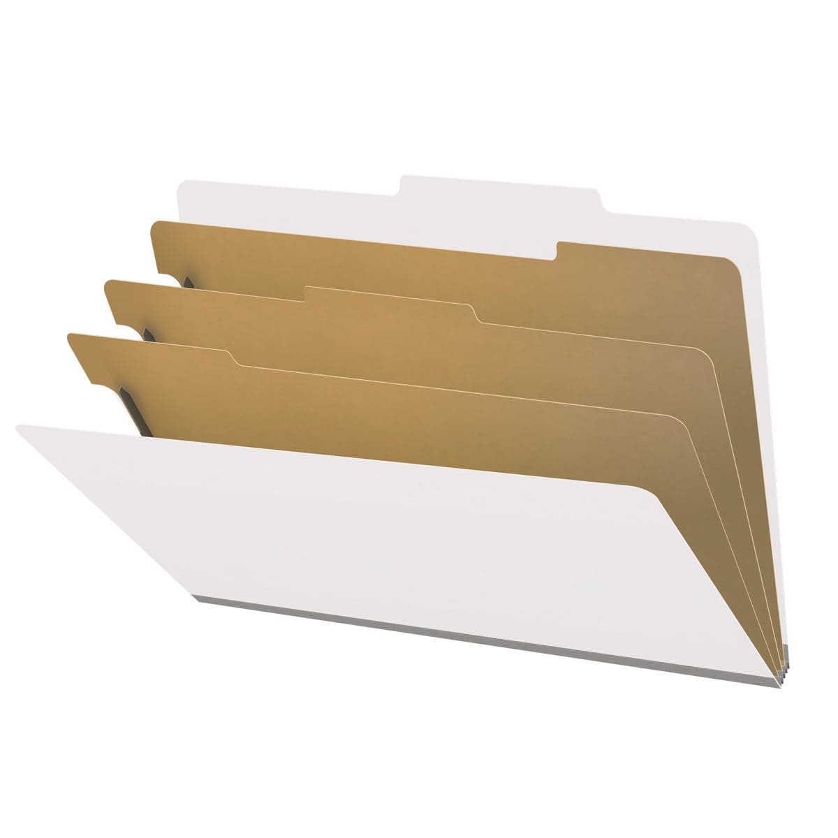 White legal size top tab classification folder with 3" gray tyvek expansion, with 2" bonded fasteners on inside front and inside back and 1" duo fastener on dividers. 18 pt. paper stock and 17 pt brown kraft dividers, 10/Box
