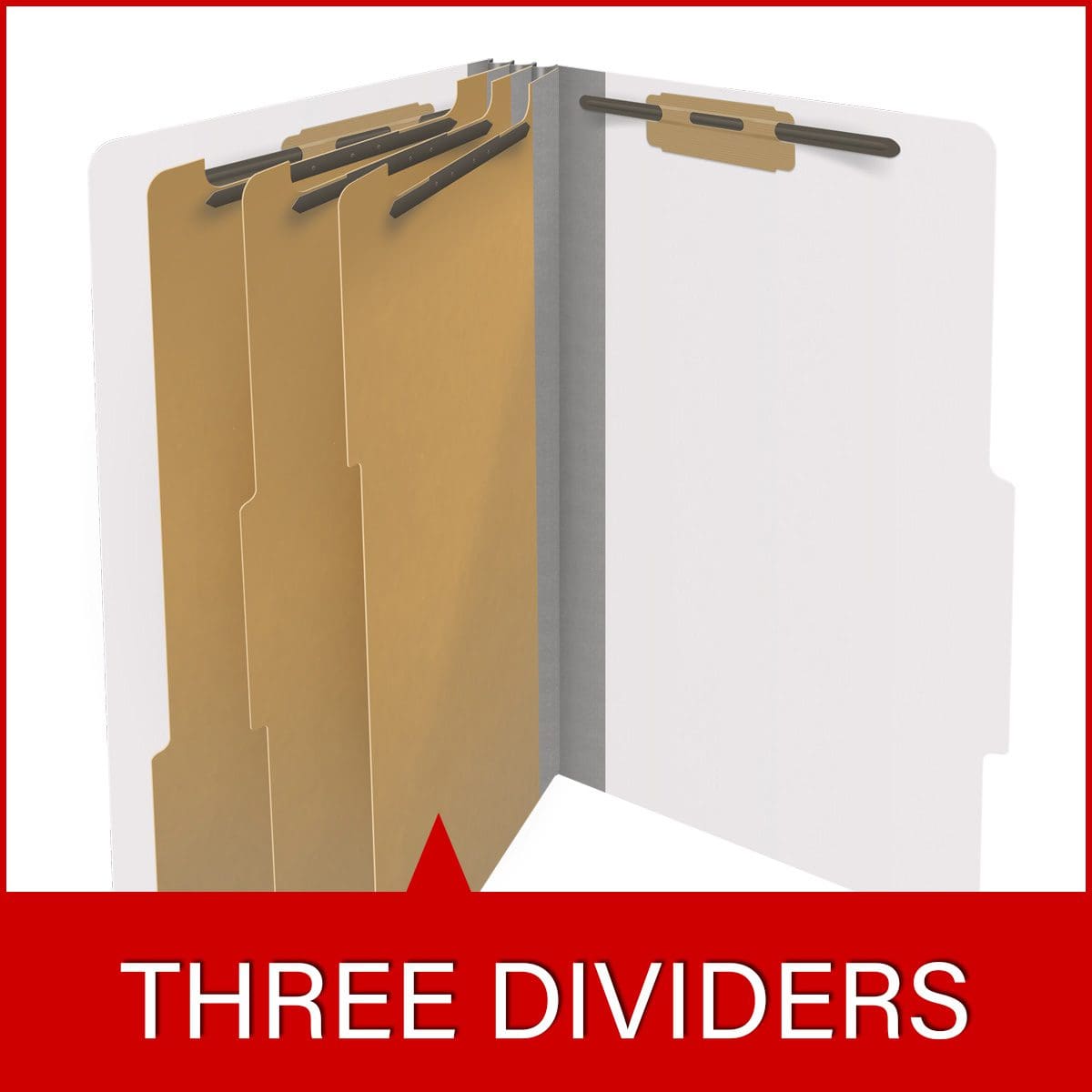 White legal size top tab classification folder with 3" gray tyvek expansion, with 2" bonded fasteners on inside front and inside back and 1" duo fastener on dividers. 18 pt. paper stock and 17 pt brown kraft dividers, 10/Box