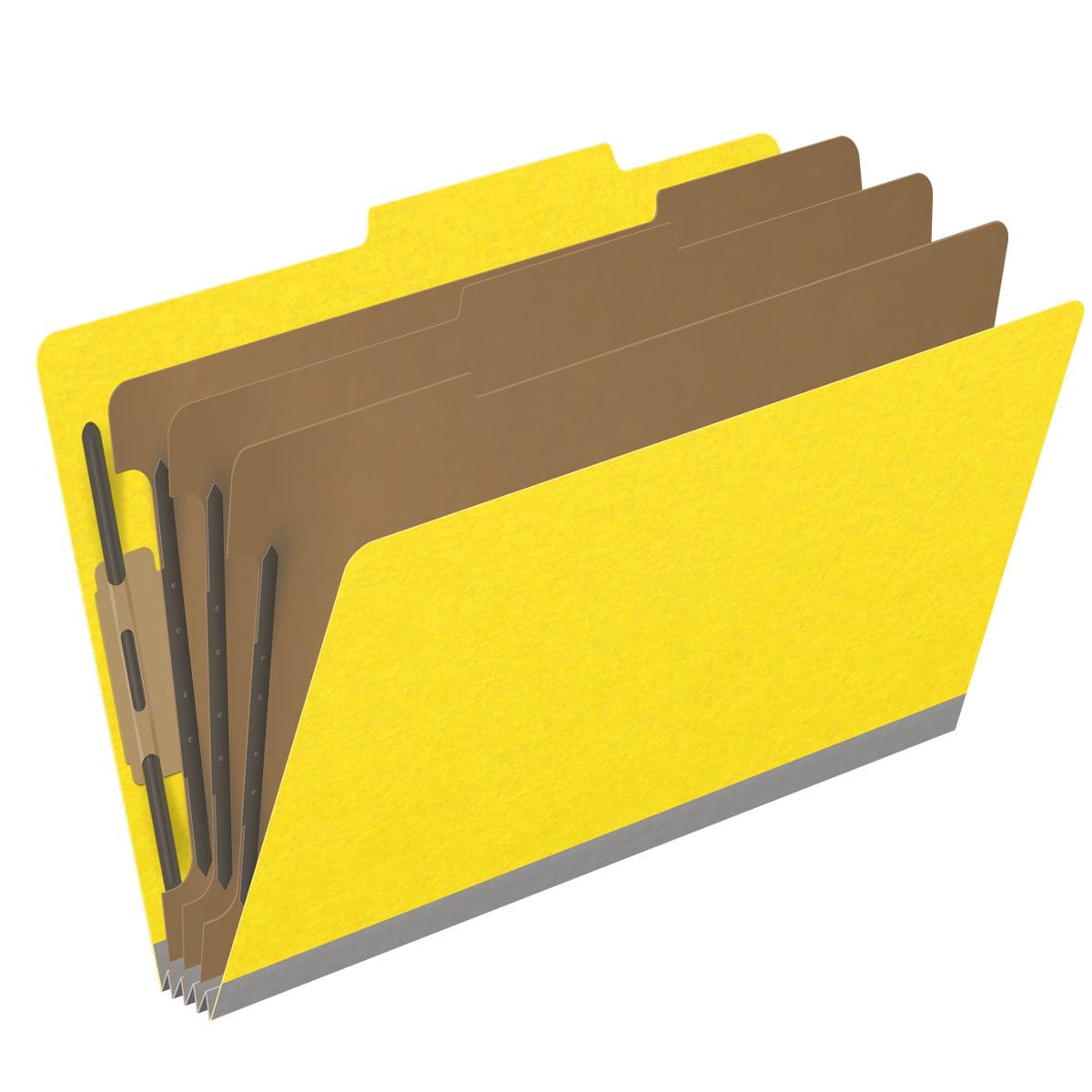 Yellow legal size top tab classification folder with 3" gray tyvek expansion, with 2" bonded fasteners on inside front and inside back and 1" duo fastener on dividers. 18 pt. paper stock and 17 pt brown kraft dividers. Packaged 10/50.
