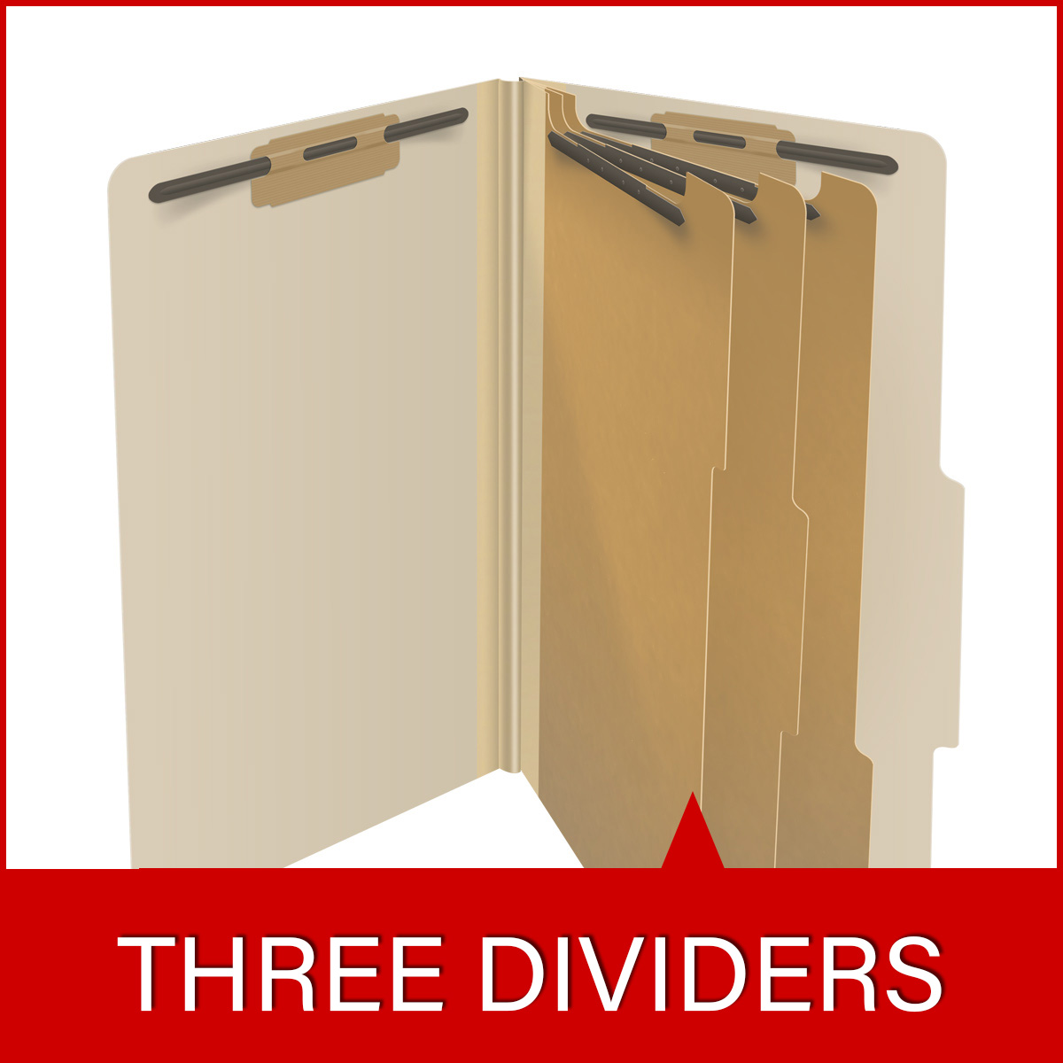 Manila legal size top tab three divider classification folder with 3" gray tyvek expansion, with 2" bonded fasteners on inside front and inside back and 1" duo fastener on dividers. 18 pt manila stock. Packaged 10/50.