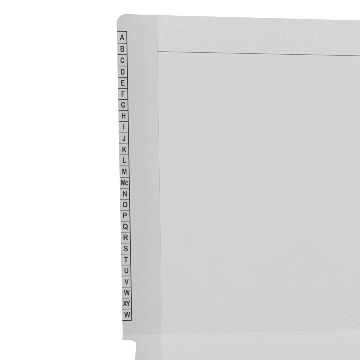 White Kardex match letter size reinforced top and end tab folder with A-Z scale printed on left end tab. 11 pt white stock. Packaged 100/500.