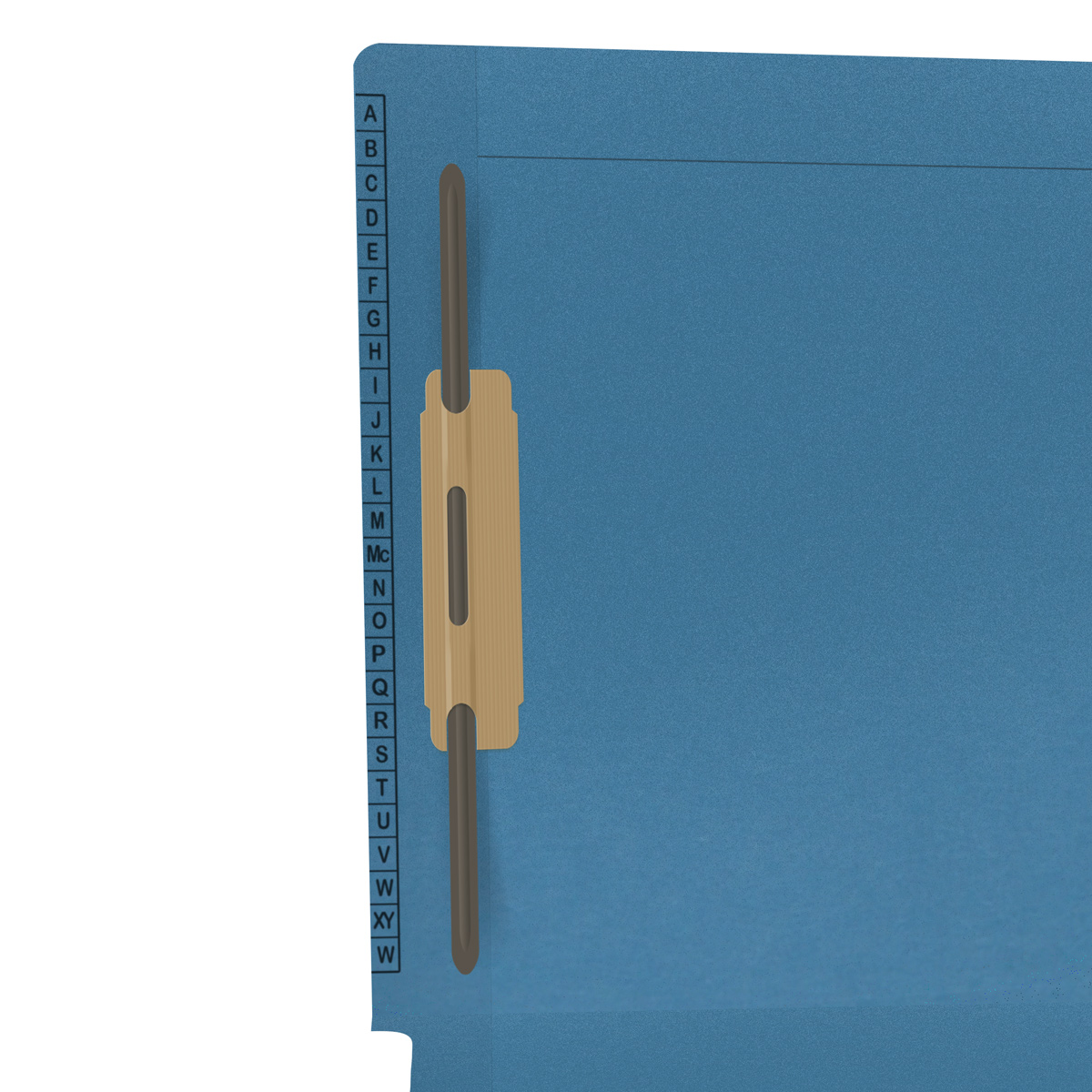 Blue Kardex match letter size reinforced top and end tab folder with A-Z scale printed on left end taband 2" bonded fasteners on inside front and back. 11 pt blue stock. Packaged 50/250.