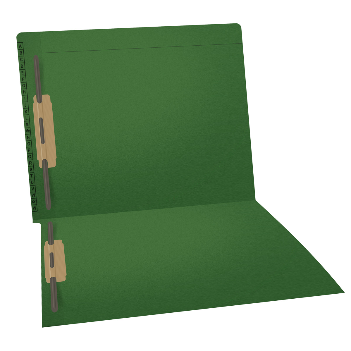 Green Kardex match letter size reinforced top and end tab folder with A-Z scale printed on left end taband 2" bonded fasteners on inside front and back. 11 pt green stock, 50/Box