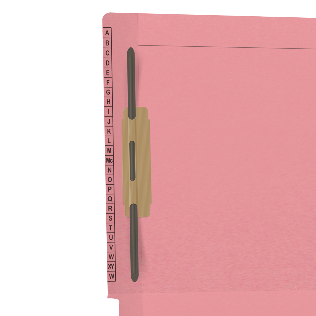 Pink Kardex match letter size reinforced top and end tab folder with A-Z scale printed on left end taband 2" bonded fasteners on inside front and back. 11 pt pink stock. Packaged 50/250.