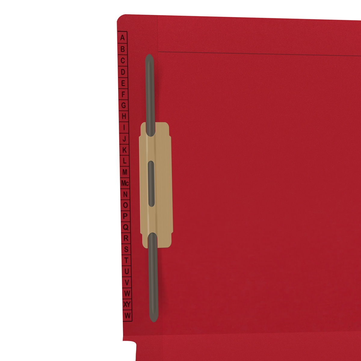 Red Kardex match letter size reinforced top and end tab folder with A-Z scale printed on left end taband 2" bonded fasteners on inside front and back. 11 pt red stock. Packaged 50/250.