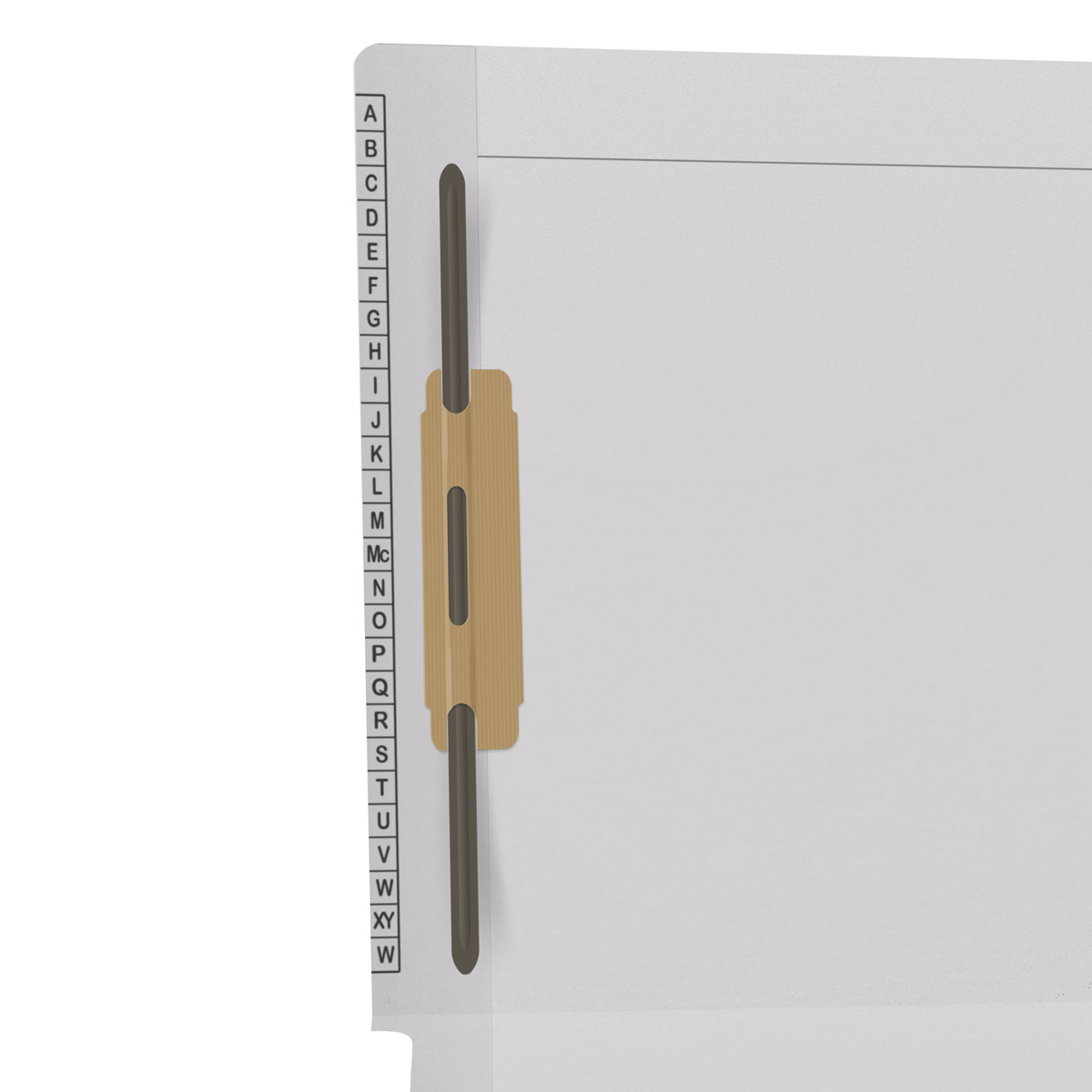 White Kardex match letter size reinforced top and end tab folder with A-Z scale printed on left end taband 2" bonded fasteners on inside front and back. 11 pt white stock. Packaged 50/250.
