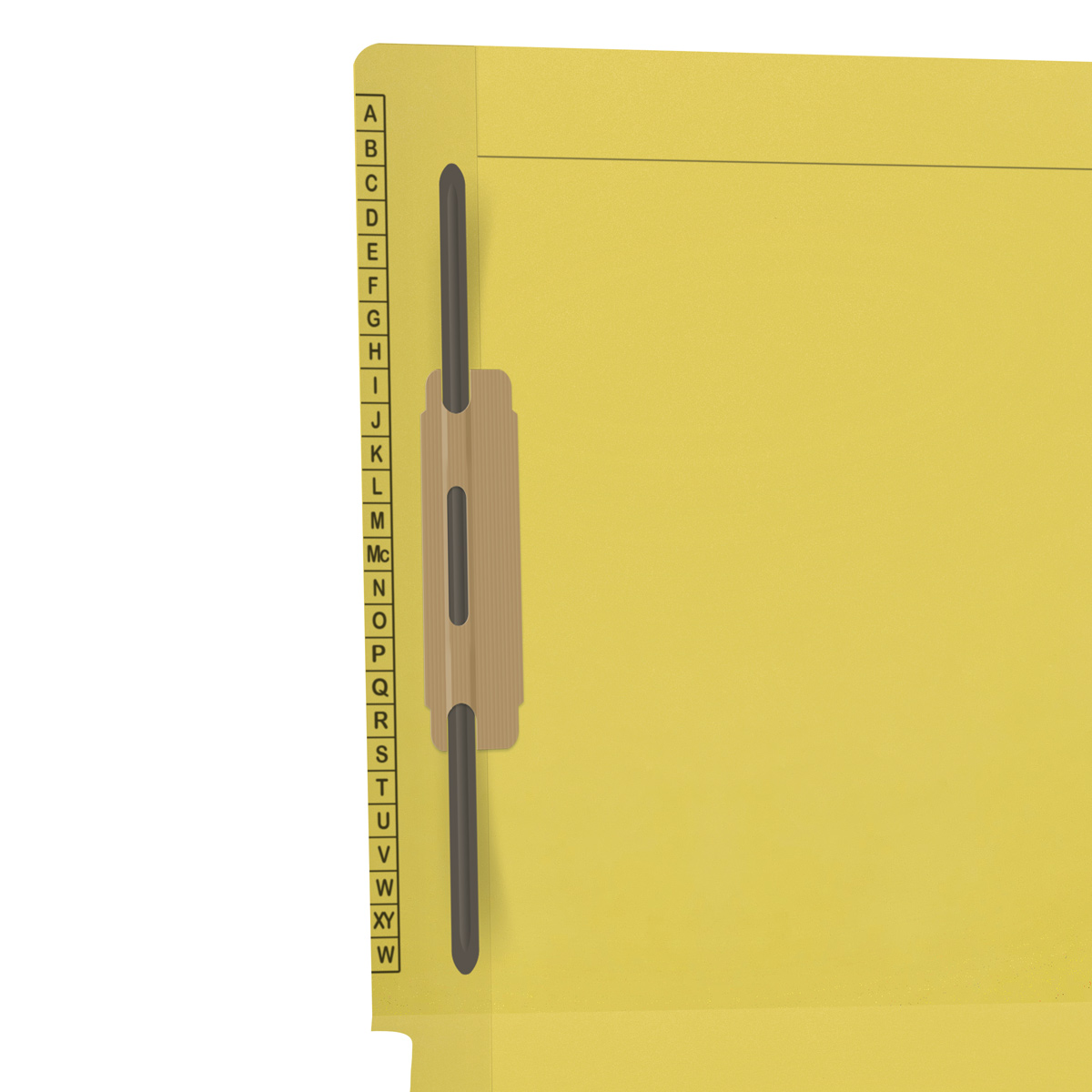 Yellow Kardex match letter size reinforced top and end tab folder with A-Z scale printed on left end taband 2" bonded fasteners on inside front and back. 11 pt yellow stock. Packaged 50/250.