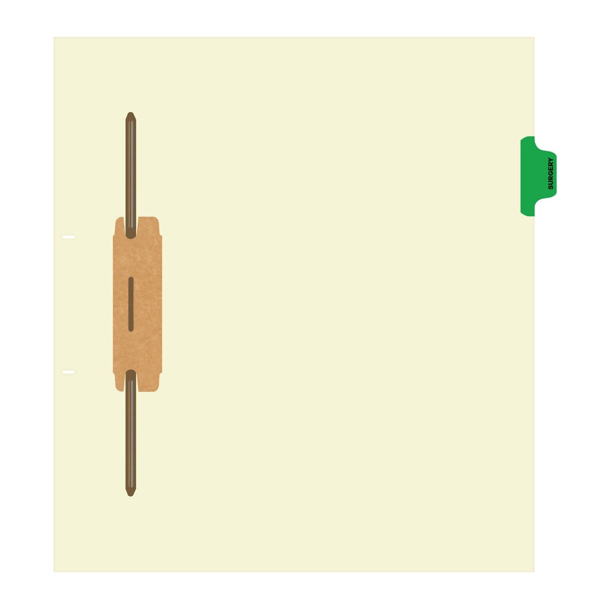 Ivory letter size side tab fileback divider with position 2 tab printed SURGERY and mylared in medium green and a 2" bonded fastener below score. 125# manila stock, 50/Box