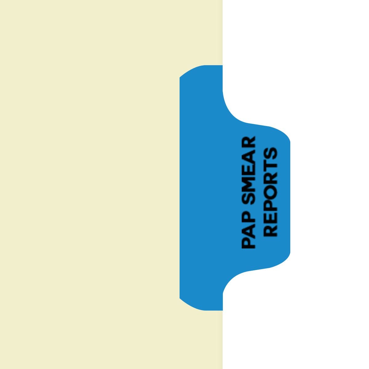 Ivory letter size side tab fileback divider with position 7 tab printed PAP SMEAR and mylared in medium green and a 2" bonded fastener below score. 125# manila stock. Packaged 50