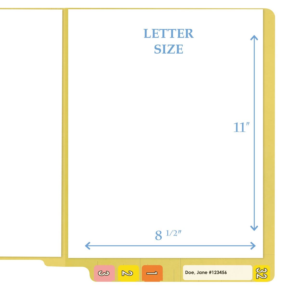 Yellow letter size reinforced end tab folder. 11 pt yellow stock. Packaged 100/500