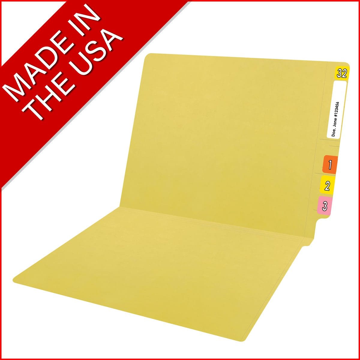 Yellow letter size reinforced end tab folder. 11 pt yellow stock. Packaged 100/500
