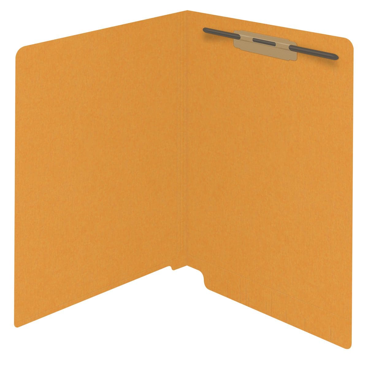Goldenrod letter size reinforced end tab folder with 2" bonded fastener on inside back. 11 pt goldenrod stock. Packaged 50/250