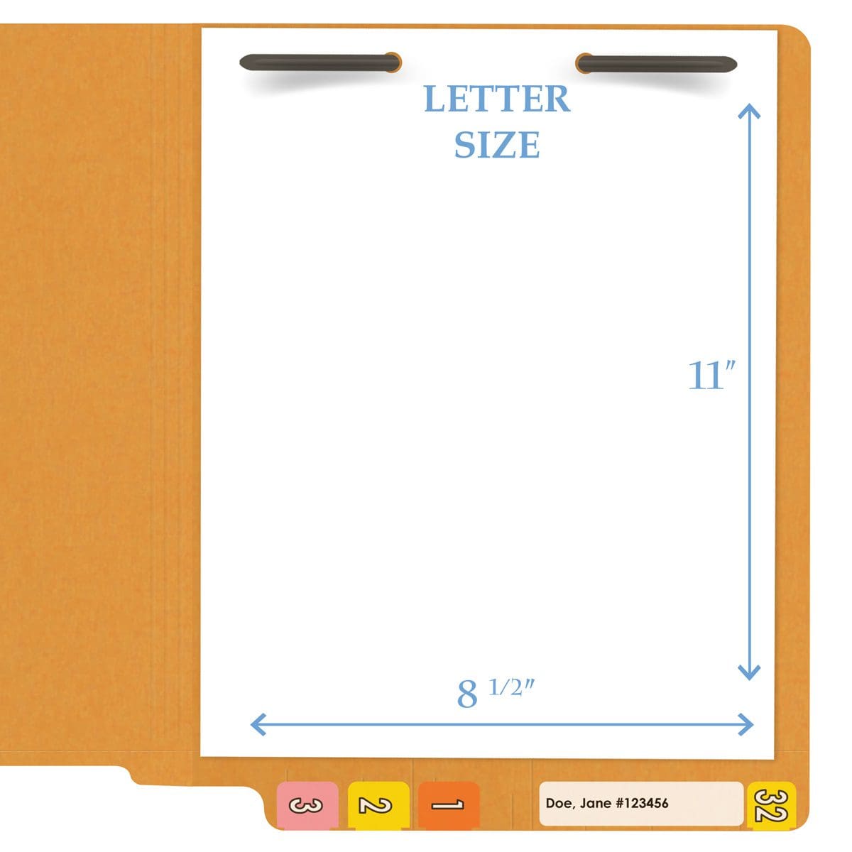 Goldenrod letter size reinforced end tab folder with 2" bonded fastener on inside back. 11 pt goldenrod stock, 50/Box