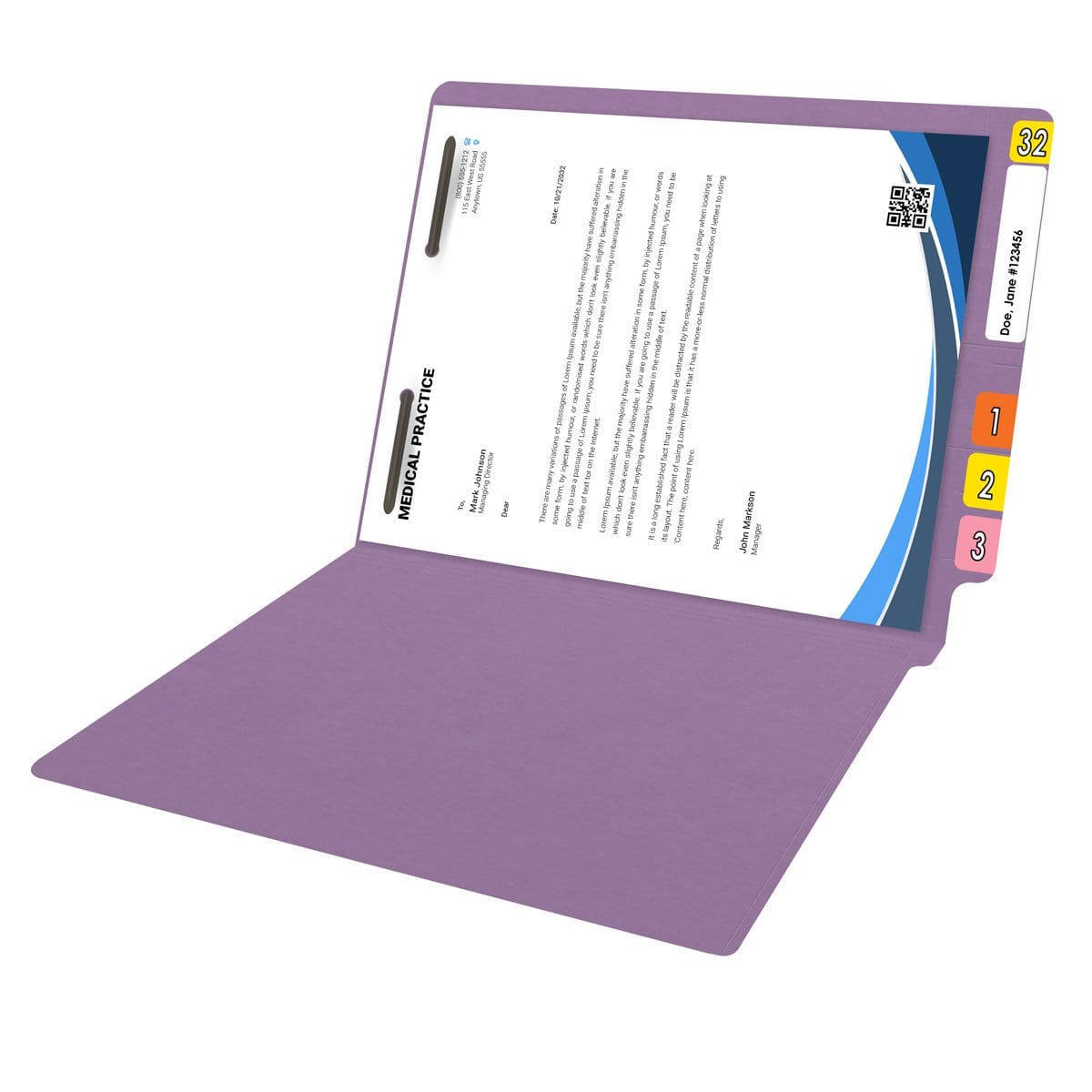 Lavender letter size reinforced end tab folder with 2" bonded fastener on inside back. 11 pt lavender stock, 50/Box