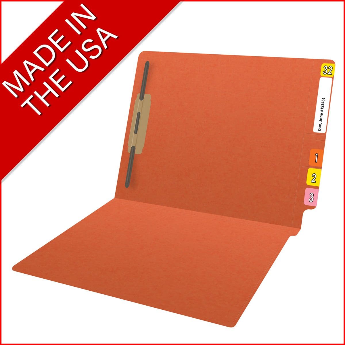 Orange letter size reinforced end tab folder with 2" bonded fastener on inside back. 11 pt orange stock. Packaged 50/250