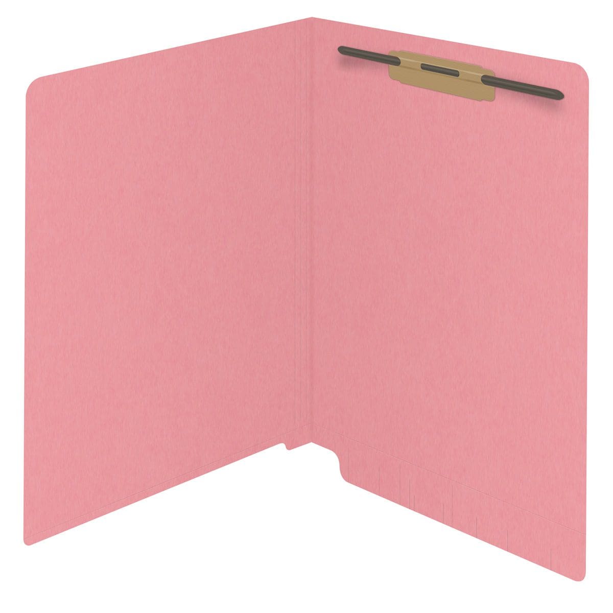 Pink letter size reinforced end tab folder with 2" bonded fastener on inside back. 11 pt pink stock. Packaged 50/250