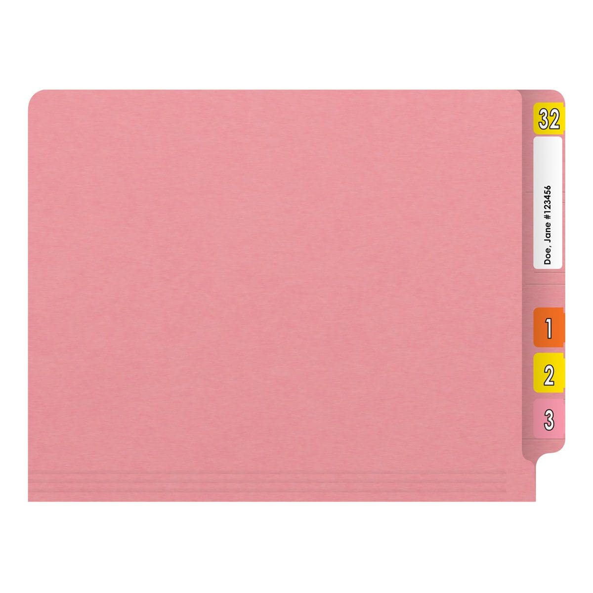 Pink letter size reinforced end tab folder with 2" bonded fastener on inside back. 11 pt pink stock. Packaged 50/250