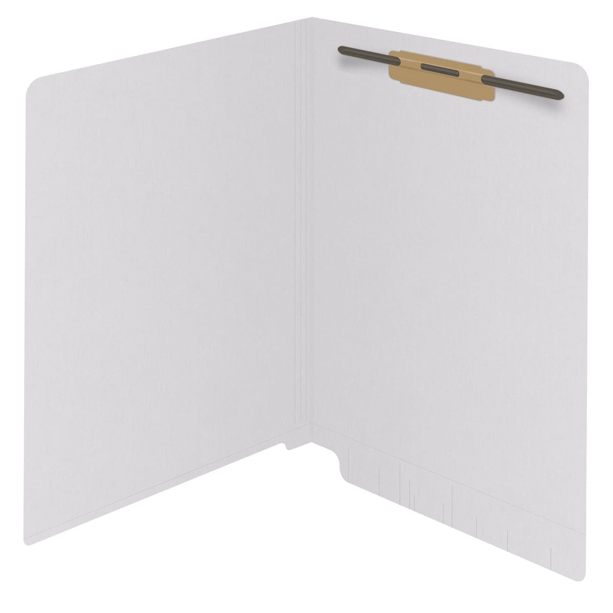 White letter size reinforced end tab folder with 2" bonded fastener on inside back. 11 pt white stock. Packaged 50/250