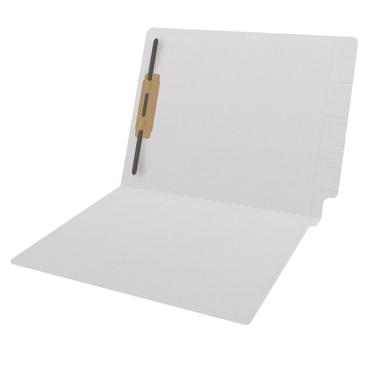 White letter size reinforced end tab folder with 2" bonded fastener on inside back. 11 pt white stock, 50/Box
