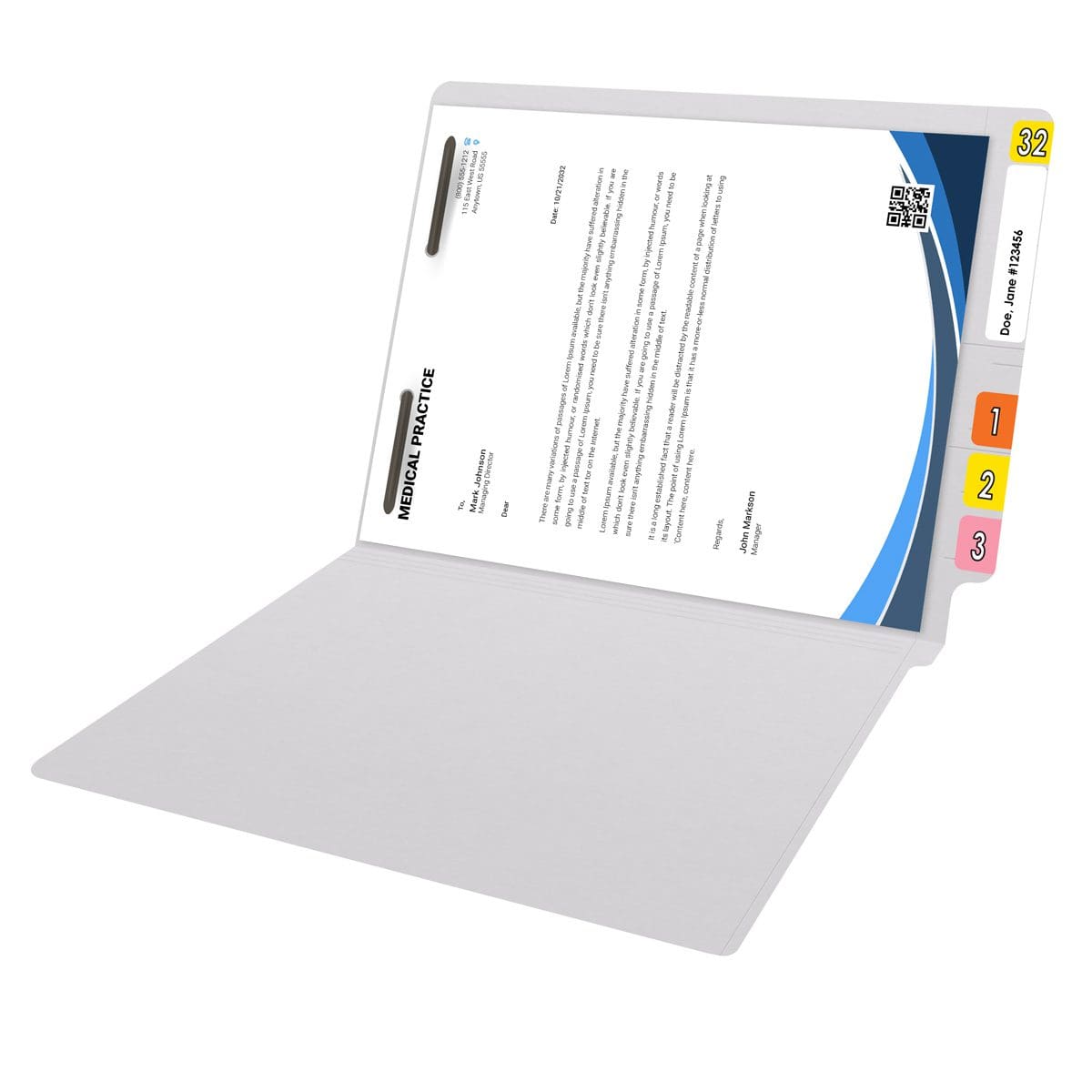 White letter size reinforced end tab folder with 2" bonded fastener on inside back. 11 pt white stock. Packaged 50/250
