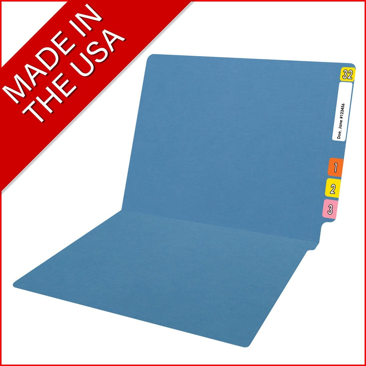 Blue letter size reinforced end tab folder. 14 pt blue stock. Packaged 50/250
