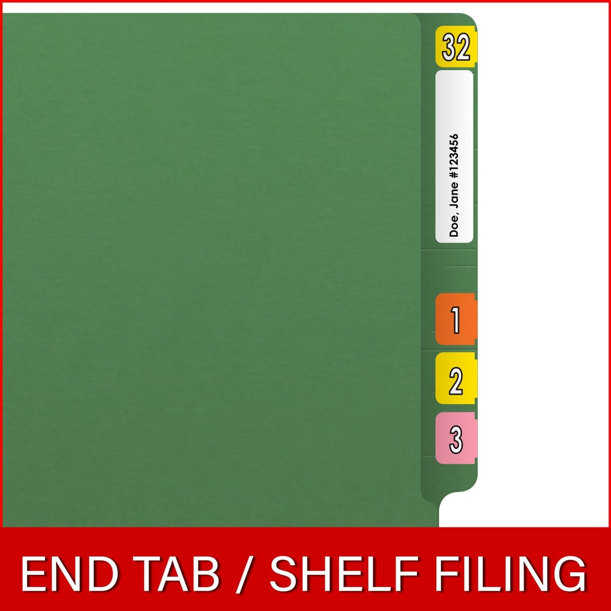 Green letter size reinforced end tab folder. 14 pt green stock. Packaged 50/250