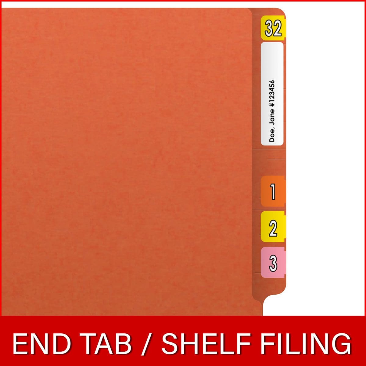 Orange letter size reinforced end tab folder. 14 pt orange stock. Packaged 50/250