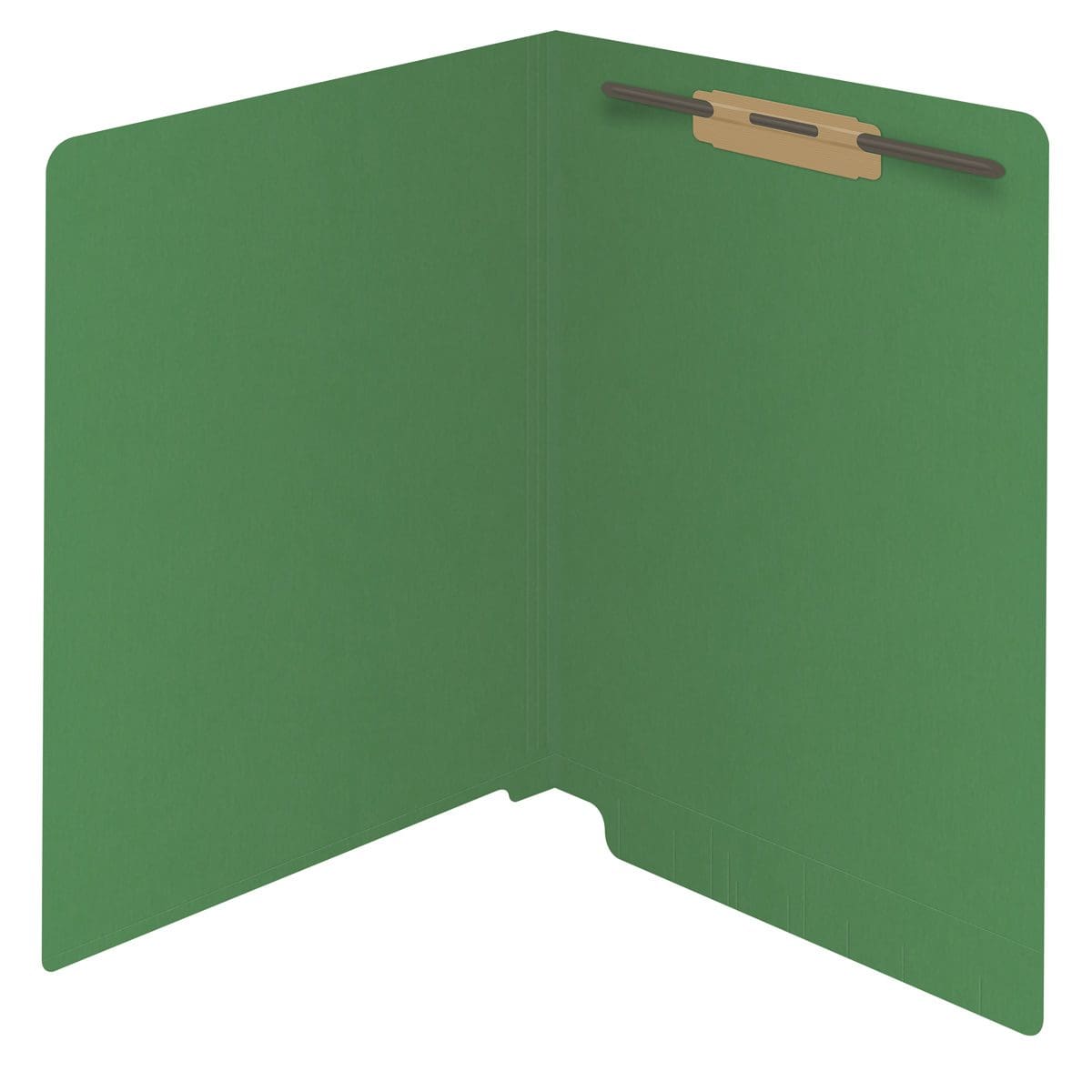 Green letter size reinforced end tab folder with 2" bonded fastener on inside back. 14 pt green stock, 50/Box