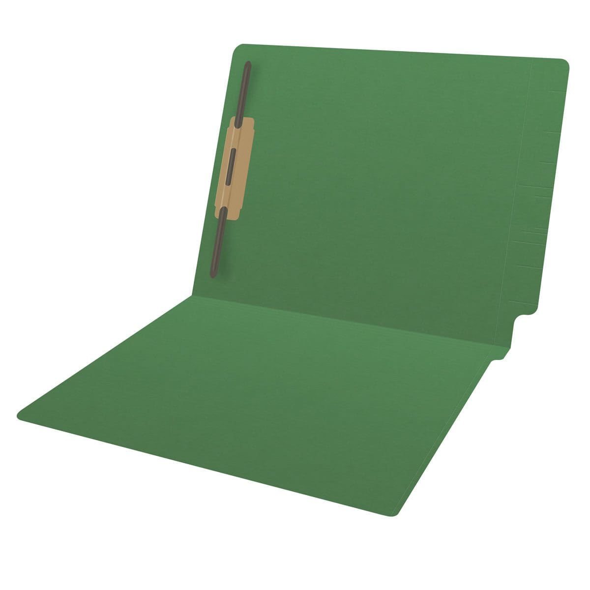 Green letter size reinforced end tab folder with 2" bonded fastener on inside back. 14 pt green stock, 50/Box